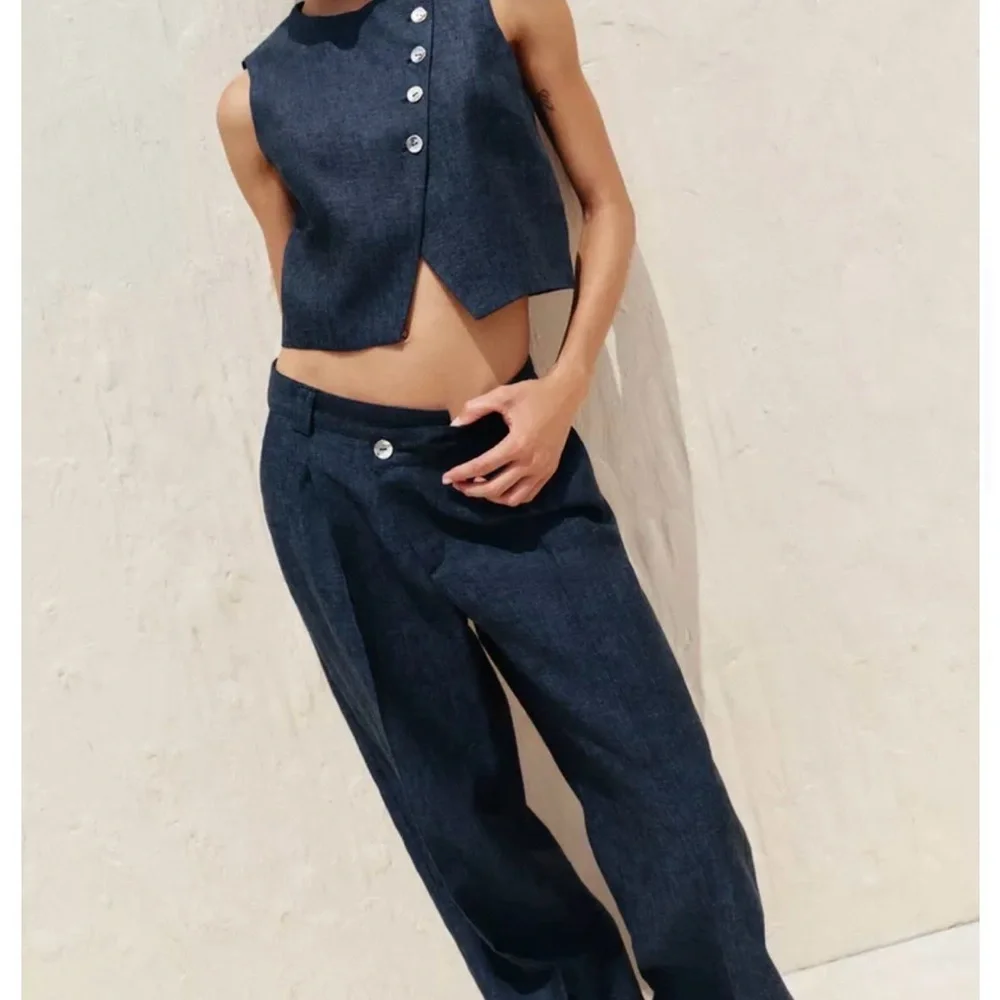 100% LINEN WRAP WAIST PANTS INDIGO. SIZE LARGE